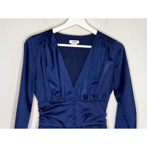 Jason Wu Long Sleeve Deep V-Neck Satin Peplum Button Blouse Navy Blue Womens XS - Picture 3 of 9